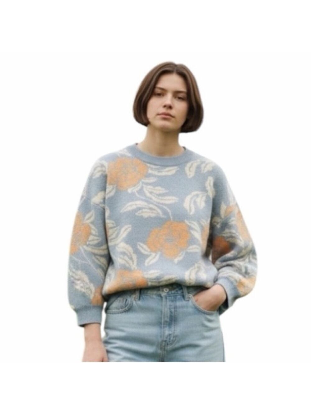Chelsea & Theodore Floral Cropped Crewneck Sweater Size M